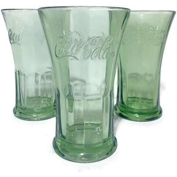 Coca Cola Glasses Green Thick and Heavy by Libbey Retro Look Lot of 3 - Picture 2 of 6